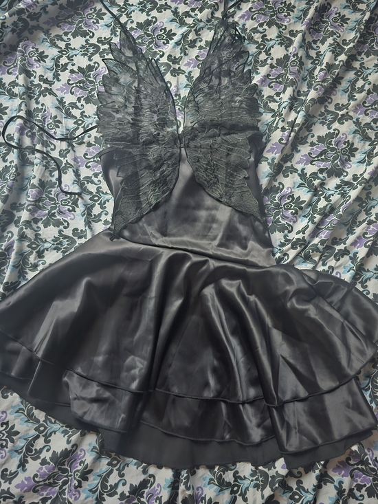 Dolls Kill Dresses & Skirts - Widow Black Satin Asymmetrical Wing-Back Mini Dress